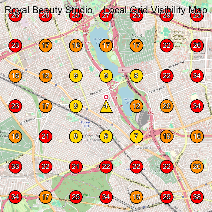 Royal Beauty Studio GeoGrid visibility map for Beauty Salon in Forest Hills